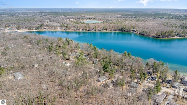 drone / aerial view with a wooded view and a water view