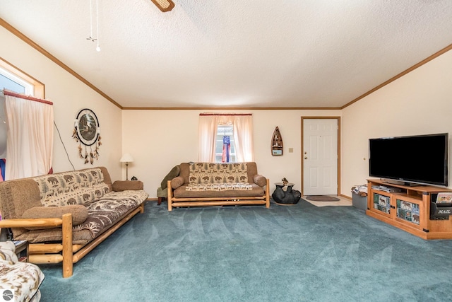 living room with crown molding, carpet floors, and a textured ceiling