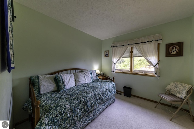 bedroom featuring a textured ceiling, baseboards, and carpet