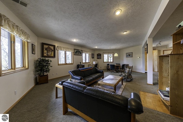 living area with visible vents, baseboards, carpet flooring, and a textured ceiling