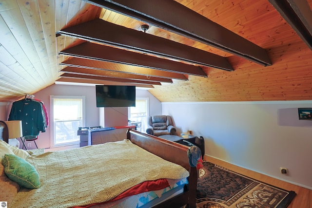 2587 S Coldwater Rd, Mount Pleasant, MI 48858 - bedroom featuring baseboards, wooden ceiling, and lofted ceiling with beams