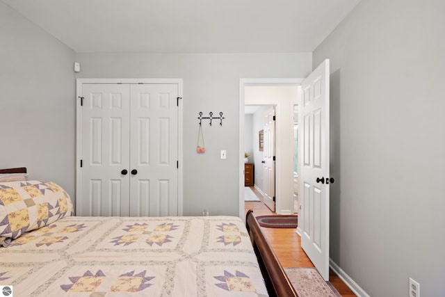 bedroom featuring wood finished floors and a closet