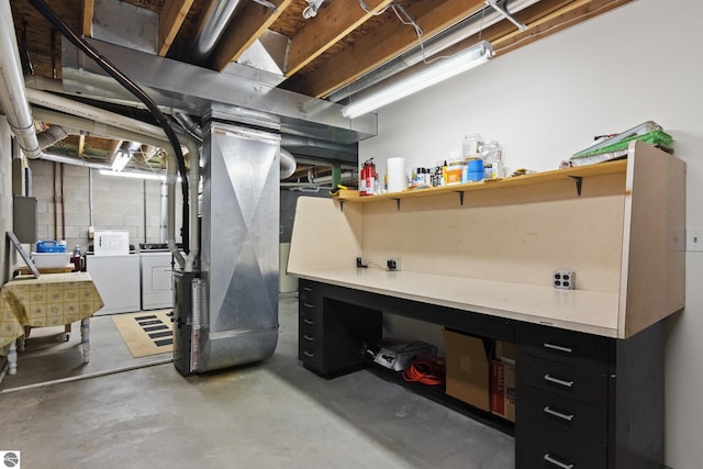 unfinished below grade area with washer and dryer, heating unit, and concrete block wall
