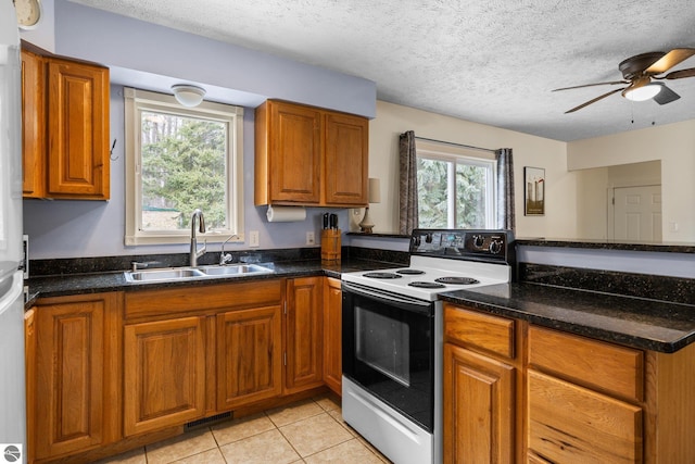 kitchen with visible vents, range with electric stovetop, a sink, a peninsula, and brown cabinetry