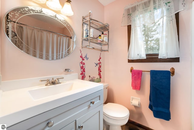 4631 Cardinal Dr, Mount Pleasant, MI 48858 - bathroom with curtained shower, vanity, and toilet