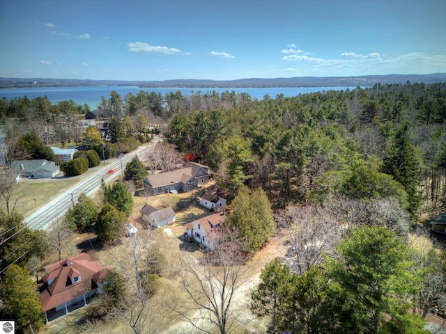 bird's eye view featuring a wooded view and a water view