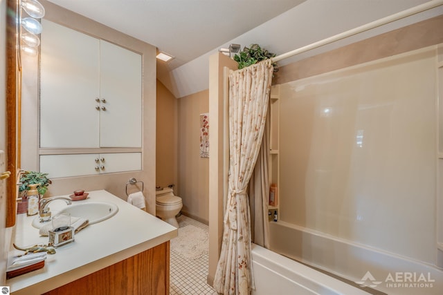 bathroom featuring toilet, tile patterned floors, shower / bath combo, and vanity