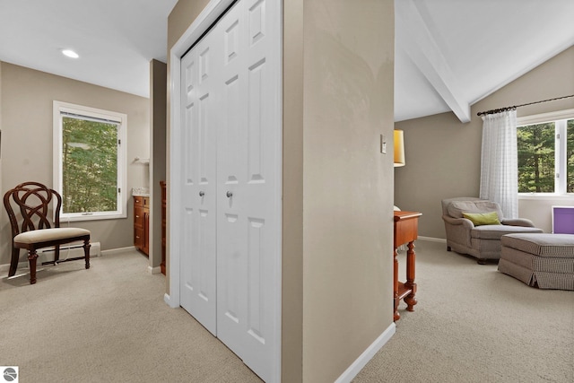 2127 E Timberlane Dr, Traverse City, MI 49686 - hall with light carpet, recessed lighting, baseboards, and vaulted ceiling