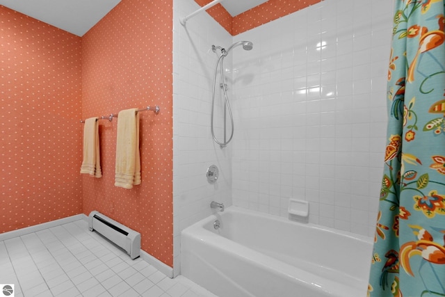 2127 E Timberlane Dr, Traverse City, MI 49686 - bathroom with tile patterned flooring, shower / bath combo, a baseboard radiator, wallpapered walls, and baseboards