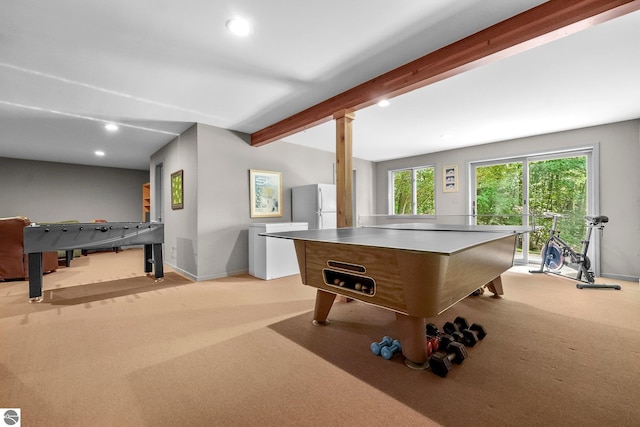 2127 E Timberlane Dr, Traverse City, MI 49686 - recreation room featuring beamed ceiling, light colored carpet, baseboards, and recessed lighting