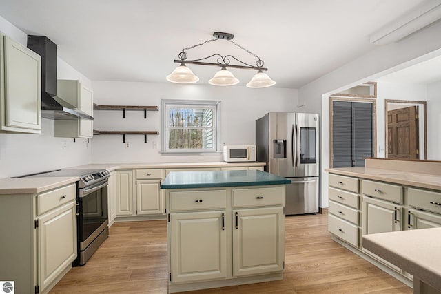 4676 W Mcmillan Rd, Muskegon, MI 49445 - kitchen featuring light wood-style flooring, a center island, open shelves, wall chimney exhaust hood, and appliances with stainless steel finishes