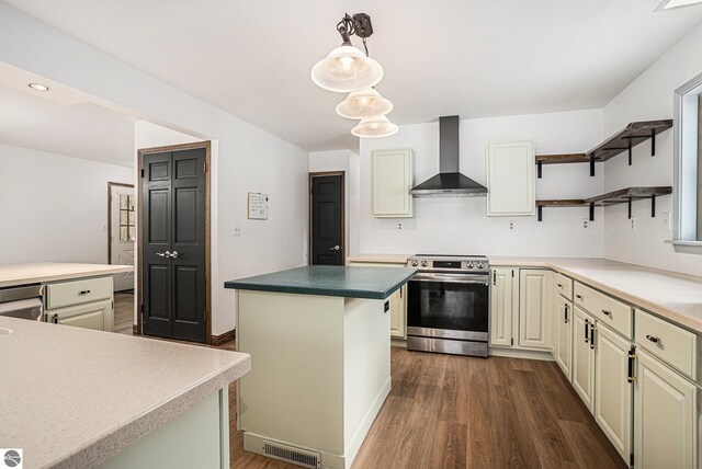 4676 W Mcmillan Rd, Muskegon, MI 49445 - kitchen featuring wall chimney exhaust hood, dark wood-type flooring, electric range, open shelves, and visible vents