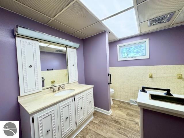 1705 S State Rd, Ithaca, MI 48847 - bathroom featuring vanity, toilet, wainscoting, tile walls, and wood finished floors