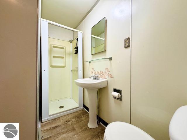 1705 S State Rd, Ithaca, MI 48847 - bathroom with a stall shower, a sink, toilet, and wood finished floors