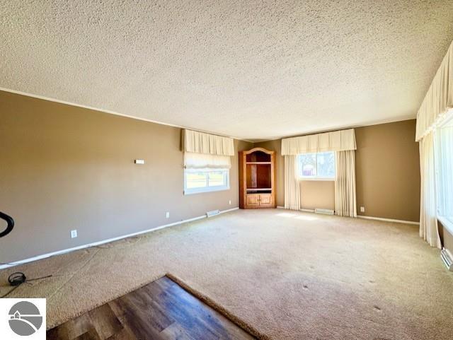 1705 S State Rd, Ithaca, MI 48847 - unfurnished living room featuring a textured ceiling, a healthy amount of sunlight, wood finished floors, and baseboards