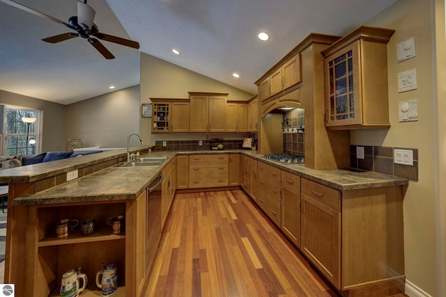 kitchen with tasteful backsplash, light wood-style flooring, dark countertops, lofted ceiling, and a sink
