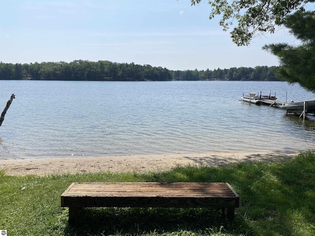 view of dock featuring a water view and a forest view
