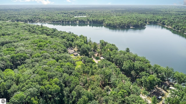 birds eye view of property with a water view and a forest view