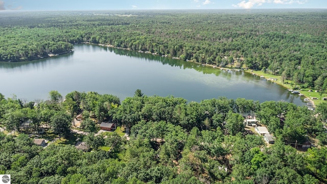 drone / aerial view featuring a water view and a forest view