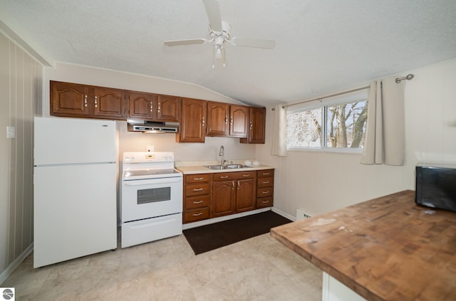 316 Grafton Ave, Alma, MI 48801 - kitchen with a sink, a ceiling fan, white appliances, under cabinet range hood, and vaulted ceiling