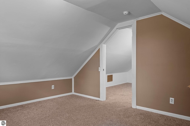 additional living space with lofted ceiling, baseboards, and carpet floors