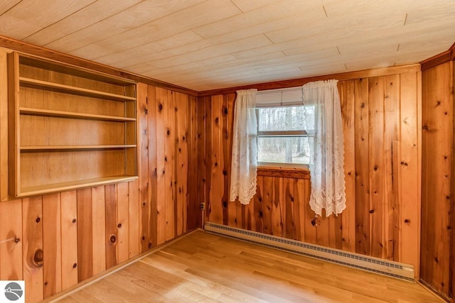 7726 Anway Dr, Battle Creek, MI 49014 - spare room featuring a baseboard radiator, wood walls, wood ceiling, and wood finished floors