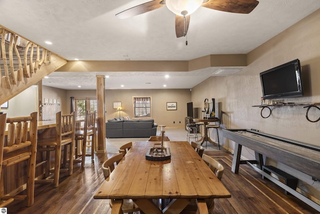 dining area featuring a ceiling fan, wood finished floors, and recessed lighting