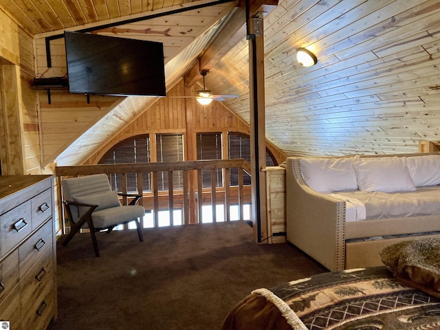carpeted bedroom featuring vaulted ceiling, wood walls, and wooden ceiling