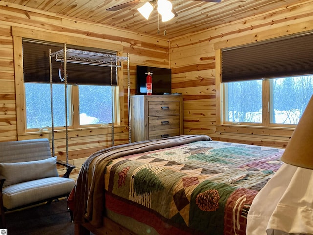 bedroom with wooden walls and multiple windows