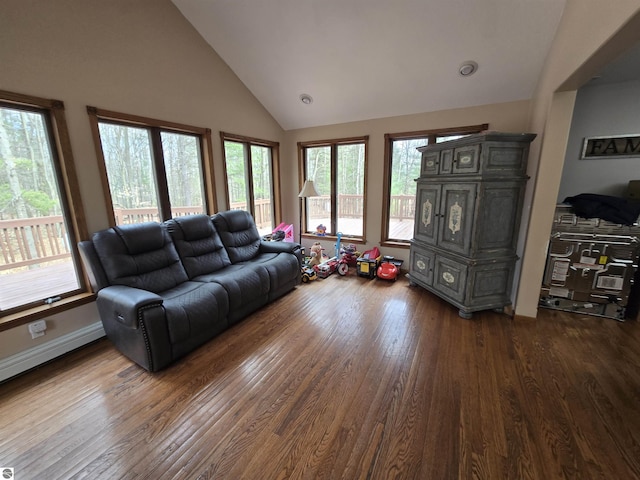 living area featuring a baseboard heating unit, wood finished floors, a wealth of natural light, and high vaulted ceiling
