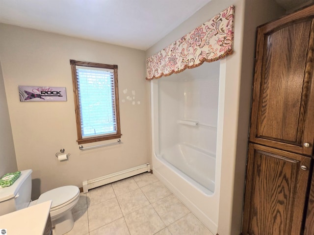 bathroom with tile patterned floors, a baseboard heating unit, vanity, baseboards, and toilet