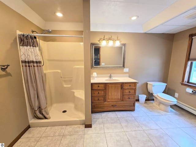 full bathroom with tile patterned floors, toilet, baseboards, a shower stall, and vanity