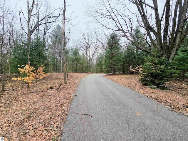 view of street featuring a forest view