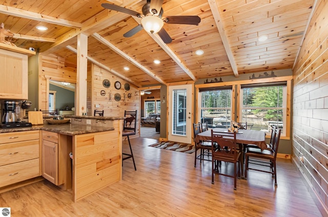 3901 W Thendara Dr, Gladwin, MI 48624 - kitchen featuring light brown cabinets, wooden ceiling, a kitchen breakfast bar, and light wood-style floors