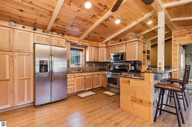3901 W Thendara Dr, Gladwin, MI 48624 - kitchen with light brown cabinets, wooden ceiling, stainless steel appliances, and a sink