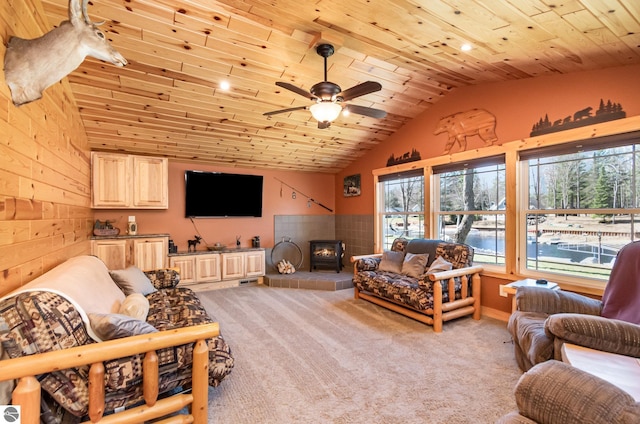 3901 W Thendara Dr, Gladwin, MI 48624 - living room with lofted ceiling, wooden ceiling, and light carpet