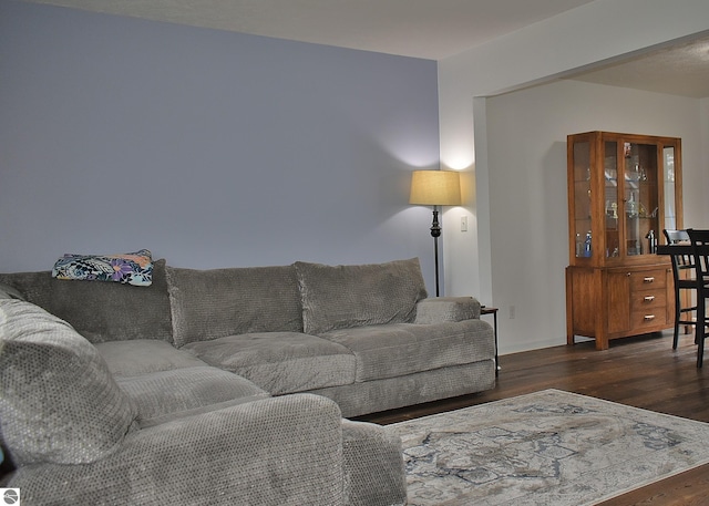 living area with baseboards and wood finished floors