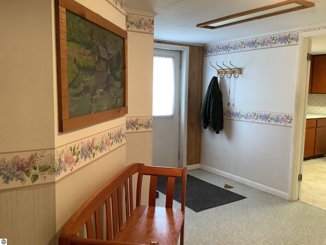 interior space featuring wainscoting and wood walls