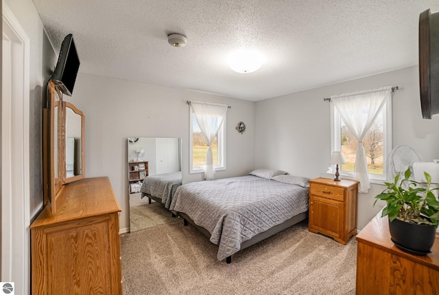 bedroom with multiple windows, a textured ceiling, and light carpet