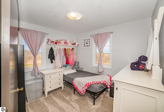 bedroom featuring carpet flooring and a textured ceiling