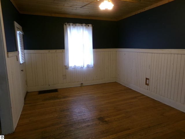 116 N Main St, Saint Louis, MI 48880 - empty room featuring wainscoting, wooden ceiling, wood finished floors, and ceiling fan