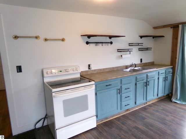 116 N Main St, Saint Louis, MI 48880 - kitchen featuring white electric stove, open shelves, blue cabinets, a sink, and dark wood-type flooring