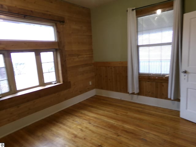 116 N Main St, Saint Louis, MI 48880 - empty room with light wood finished floors, baseboards, wood walls, and wainscoting