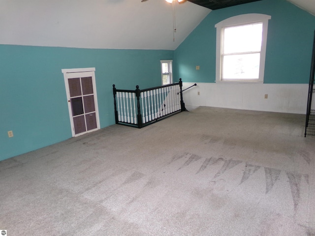 116 N Main St, Saint Louis, MI 48880 - bonus room featuring vaulted ceiling, carpet, a ceiling fan, and a wainscoted wall