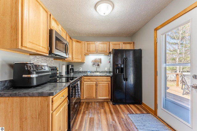 1294 Fisher Rd, Traverse City, MI 49685 - kitchen featuring dark countertops, a sink, a textured ceiling, black appliances, and light wood-style flooring