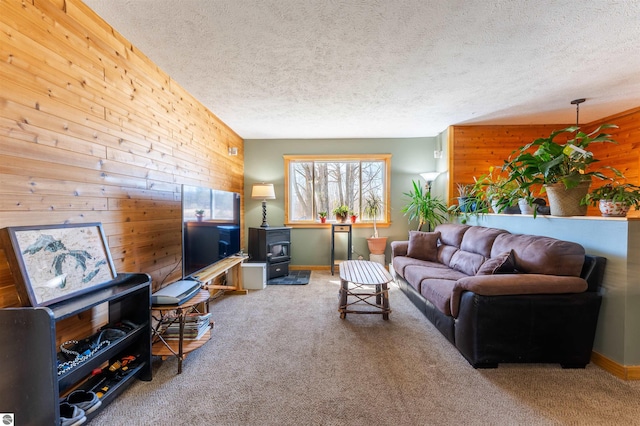 1294 Fisher Rd, Traverse City, MI 49685 - carpeted living area featuring wooden walls, baseboards, and a textured ceiling