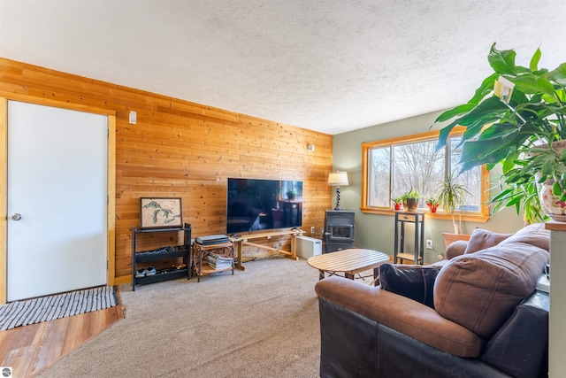 1294 Fisher Rd, Traverse City, MI 49685 - living room featuring a textured ceiling, a wood stove, and wood walls