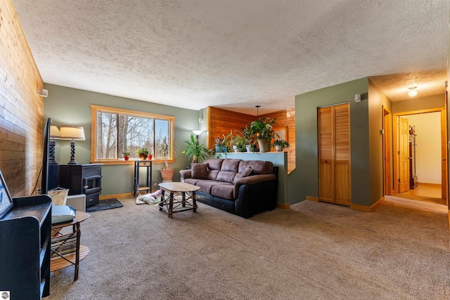 1294 Fisher Rd, Traverse City, MI 49685 - living room with wooden walls, carpet, a wood stove, and a textured ceiling