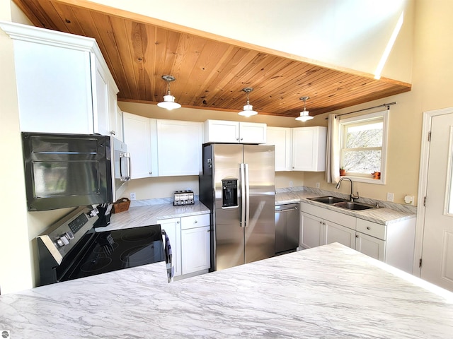 734 N Rolland Rd, Lake Isabella, MI 48893 - kitchen featuring appliances with stainless steel finishes, wooden ceiling, white cabinets, light stone counters, and decorative light fixtures
