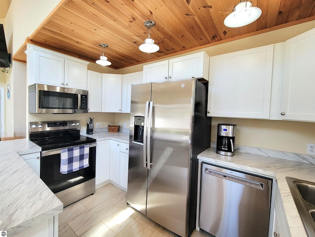 734 N Rolland Rd, Lake Isabella, MI 48893 - kitchen featuring appliances with stainless steel finishes, wood ceiling, white cabinets, decorative light fixtures, and light stone counters